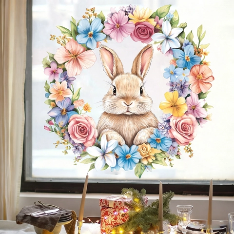 Easter Bunny Floral Wreath Static PVC Window Cling Watercolor Spring Rabbit Flower Glass Sticker For Home Holiday Decoration