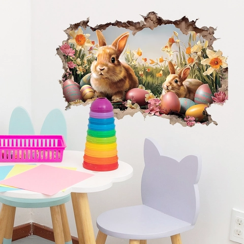 Easter Rabbit Colorful Eggs Flowers 3D Broken Wall Effect PVC Wall Sticker Waterproof Self Adhesive Decal For Kids Room Decor