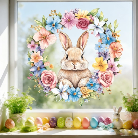 Easter Bunny Floral Wreath Static PVC Window Cling Watercolor Spring Rabbit Flower Glass Sticker For Home Holiday Decoration