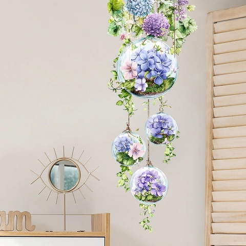 Watercolor Hydrangea Floral Wall Sticker PVC Self Adhesive Hanging Glass Ball Plant Mural For Bedroom Living Room Home Decor