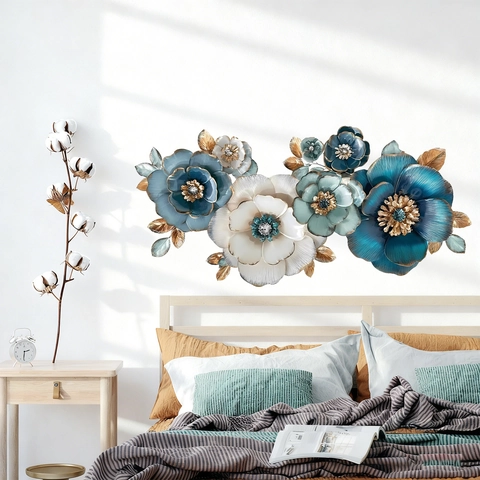 Adesivo da Parete Creativo con Fiori Blu e Farfalle Effetto 3D Impermeabile PVC Decalcomania Rimovibile per Soggiorno Camera