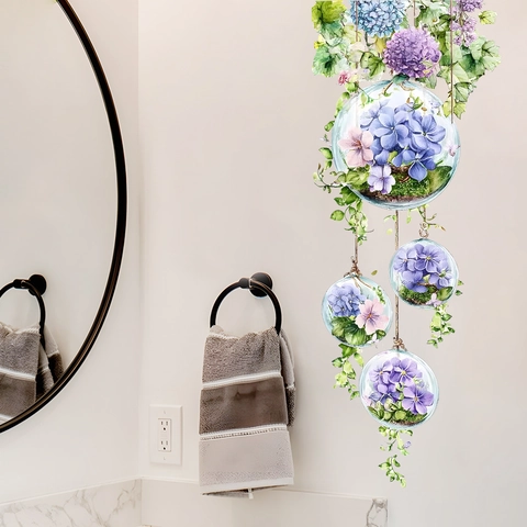 Watercolor Hydrangea Floral Wall Sticker PVC Self Adhesive Hanging Glass Ball Plant Mural For Bedroom Living Room Home Decor