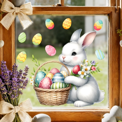 Pegatinas Estáticas de Ventana de Pascua Conejo y Huevos PVC Calcomanías Removibles para Decoración de Hogar Sala de Estar Dormitorio