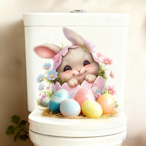 Easter Bunny In Eggshell Floral Toilet Lid Sticker Waterproof PVC Wall Decal For Bathroom Living Room Home Decor