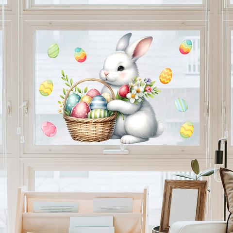 Pegatinas Estáticas de Ventana de Pascua Conejo y Huevos PVC Calcomanías Removibles para Decoración de Hogar Sala de Estar Dormitorio