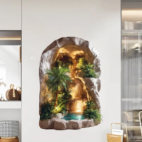 3D Effekt Einer Gebrochenen Wand Landschaft Wasserfall PVC Wandaufkleber Kreative Tropische Höhle Szenerie Selbstklebend Dekor Für Wohnzimmer