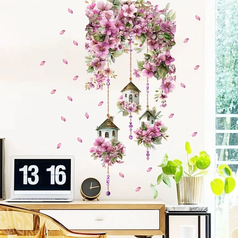 Pink Cherry Blossom Wall Sticker With Hanging Birdhouse PVC Self Adhesive Decorative Decal For Living Room Bedroom
