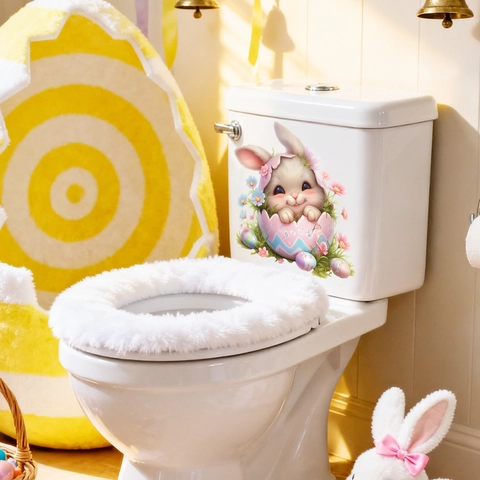 Easter Bunny In Eggshell Floral Toilet Lid Sticker Waterproof PVC Wall Decal For Bathroom Living Room Home Decor
