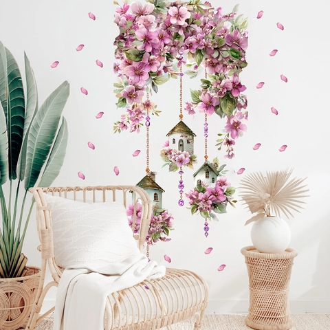 Pink Cherry Blossom Wall Sticker With Hanging Birdhouse PVC Self Adhesive Decorative Decal For Living Room Bedroom