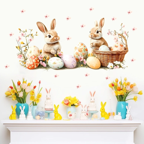 Cartoon Easter Bunny Egg Floral Wall Stickers PVC Self Adhesive Removable Rabbit Decal For Children Kids Room Living Room Decor