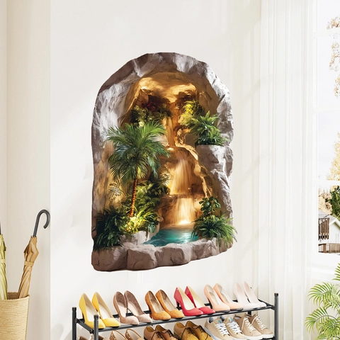 3D Effekt Einer Gebrochenen Wand Landschaft Wasserfall PVC Wandaufkleber Kreative Tropische Höhle Szenerie Selbstklebend Dekor Für Wohnzimmer
