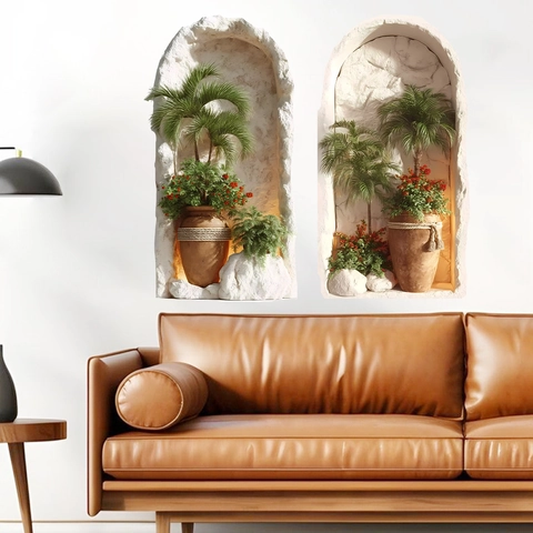 3D Tropische Plant Vaas Nis Muursticker PVC Zelfklevend Mediterrane Stijl Florale Palmboom Sticker Voor Home Decor