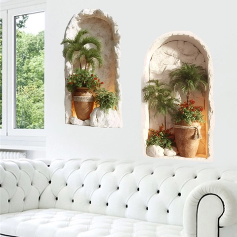 3D Tropische Plant Vaas Nis Muursticker PVC Zelfklevend Mediterrane Stijl Florale Palmboom Sticker Voor Home Decor