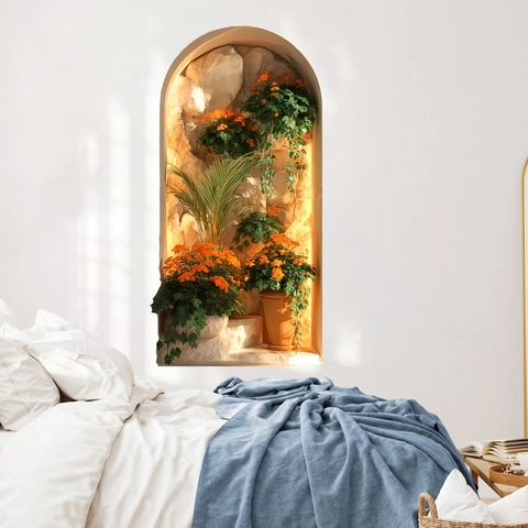 3D Bogenfenster Wandtattoo PVC Selbstklebend Grüne Pflanzen Orange Blumen Wandaufkleber Für Wohnzimmer Haus Dekor
