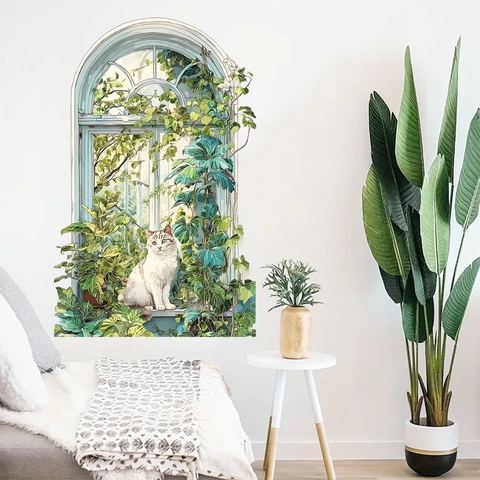 Pegatina de Pared Vista de Ventana de Arco Con Gato y Plantas Verdes Mural Autoadhesivo de PVC para Sala de Estar Dormitorio