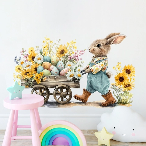 Aquarell Ostern Hase Eier Wandtattoo Vintage Ölgemälde Stil Kaninchen Schiebewagen Blume PVC Aufkleber Für Wohnkultur