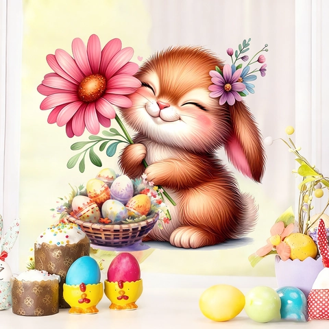 Easter Bunny Holding Flower Static Window Cling PVC Easter Egg Glass Sticker For Living Room Bedroom Holiday Home Decor