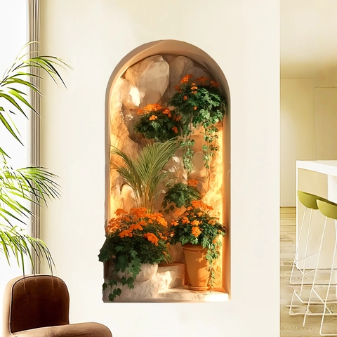3D Bogenfenster Wandtattoo PVC Selbstklebend Grüne Pflanzen Orange Blumen Wandaufkleber Für Wohnzimmer Haus Dekor