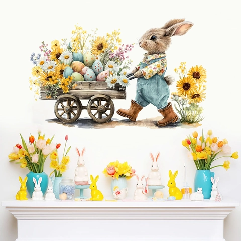 Aquarell Ostern Hase Eier Wandtattoo Vintage Ölgemälde Stil Kaninchen Schiebewagen Blume PVC Aufkleber Für Wohnkultur