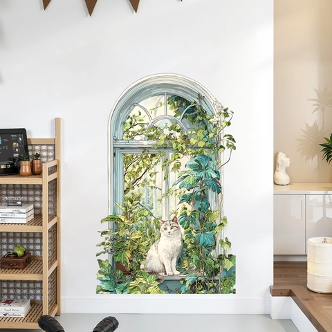 Pegatina de Pared Vista de Ventana de Arco Con Gato y Plantas Verdes Mural Autoadhesivo de PVC para Sala de Estar Dormitorio