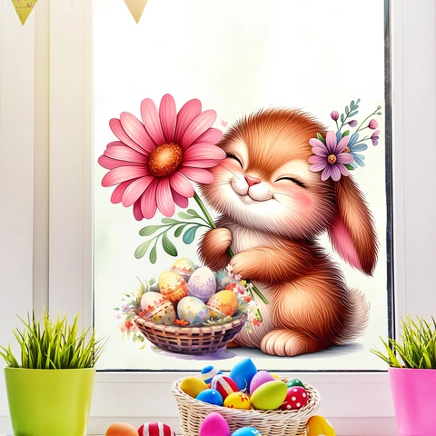 Easter Bunny Holding Flower Static Window Cling PVC Easter Egg Glass Sticker For Living Room Bedroom Holiday Home Decor