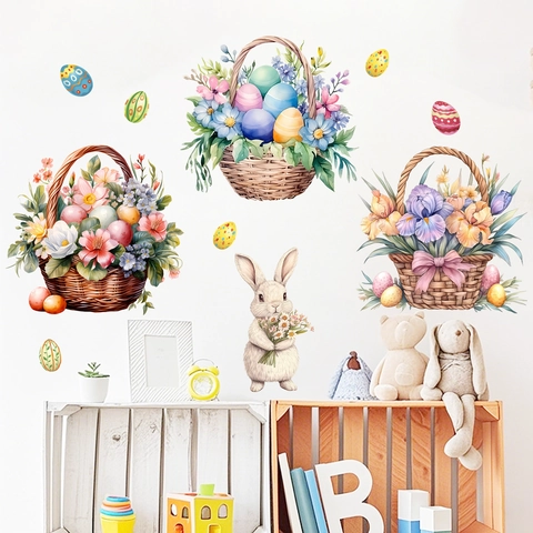 Adesivo Murale Pasquale ad Acquerello Cesto di Fiori Coniglio Uovo PVC Autoadesivo Murale Festivo per Decorazione Casa Soggiorno Camera