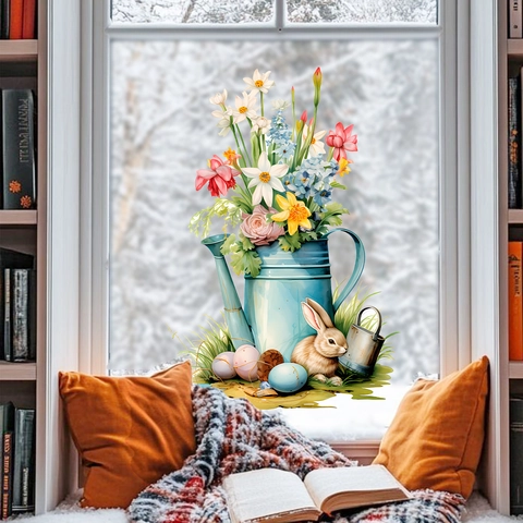 Ostern Fensterbild PVC Statisch Glasaufkleber Blaue Gießkanne Blume Hase Muster Dekorative Aufkleber Für Schlafzimmer Wohnzimmer