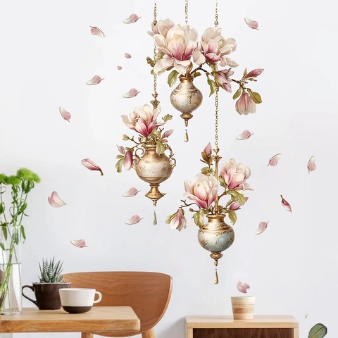Adesivo da Parete Vintage Magnolia Fiore Vaso Sospeso in PVC Autoadesivo Impermeabile Decorativo Per Camera Da Letto Soggiorno