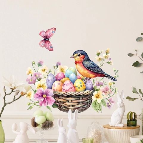 Aquarell Ostern Wandtattoo Vogelnest Blumenkorb Schmetterling PVC Selbstklebend Abnehmbar Haus Dekoration