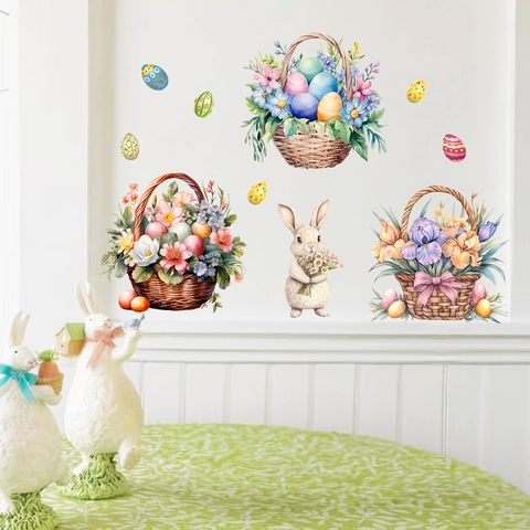 Adesivo Murale Pasquale ad Acquerello Cesto di Fiori Coniglio Uovo PVC Autoadesivo Murale Festivo per Decorazione Casa Soggiorno Camera
