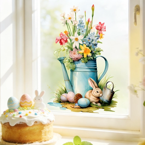 Ostern Fensterbild PVC Statisch Glasaufkleber Blaue Gießkanne Blume Hase Muster Dekorative Aufkleber Für Schlafzimmer Wohnzimmer