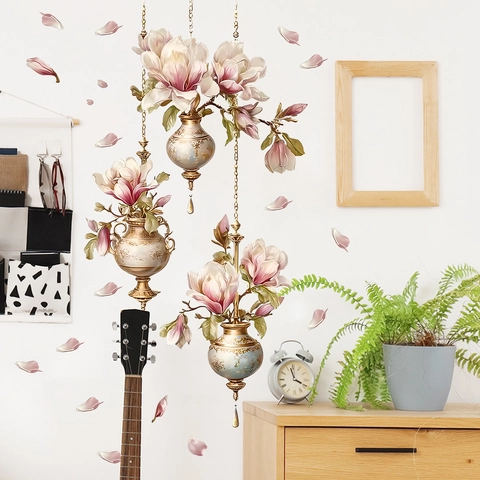Adesivo da Parete Vintage Magnolia Fiore Vaso Sospeso in PVC Autoadesivo Impermeabile Decorativo Per Camera Da Letto Soggiorno