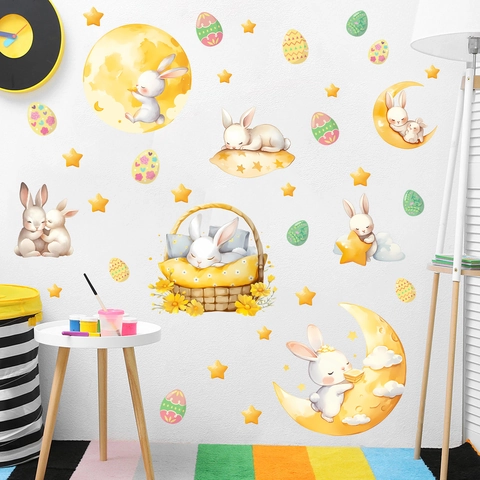 Aquarell Cartoon Hase Mond Wandaufkleber PVC Wasserdicht Selbstklebend Ostereier Sterne Wandtattoo Für Kinderzimmer Dekor