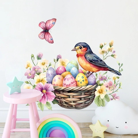 Aquarell Ostern Wandtattoo Vogelnest Blumenkorb Schmetterling PVC Selbstklebend Abnehmbar Haus Dekoration