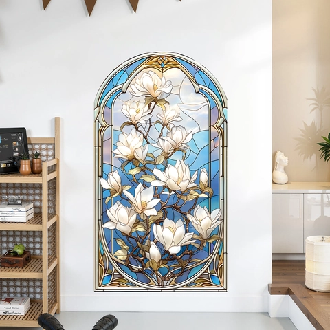 Retro Wandtattoo Mit Buntglaseffekt Und Magnolienblüten Im Bogendesign Selbstklebendes PVC Dekor Für Schlafzimmer