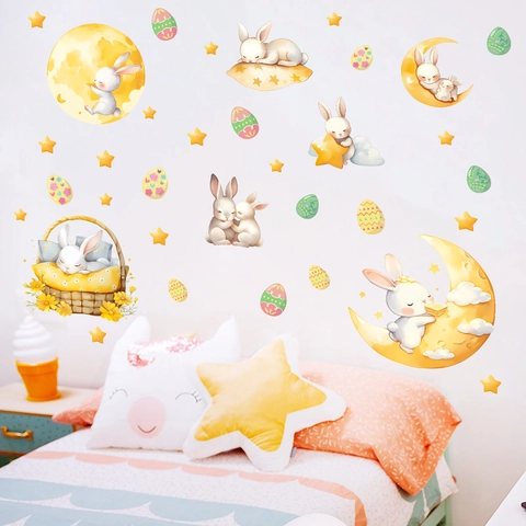 Aquarell Cartoon Hase Mond Wandaufkleber PVC Wasserdicht Selbstklebend Ostereier Sterne Wandtattoo Für Kinderzimmer Dekor