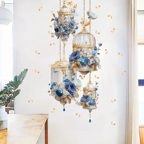 European Vintage Birdcage Rose Wall Sticker PVC Self Adhesive Home Decor For Living Room Dining Room Bedroom Background