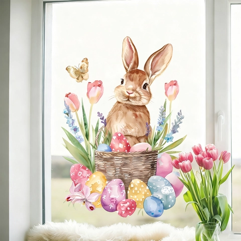 Osterhasen Eier Fensteraufkleber Aquarell Tulpe Schmetterling Statisch Haftende Glasbilder Für Festliche Deko JDT-A441