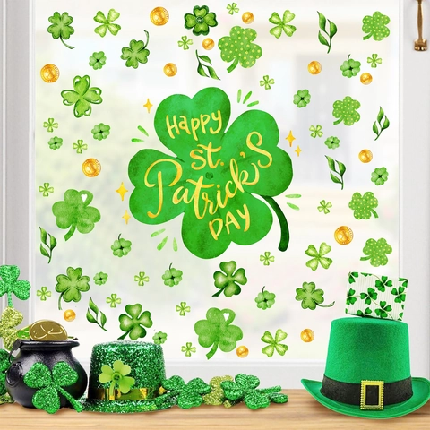 St. Patricks Day Vensterstickers PVC Statische Klaver Gouden Munten Groen Feestelijke Glasstickers Voor Thuis Vakantie Decoratie