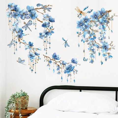 Blaue Blumen Zweige Libelle Wandaufkleber PVC Selbstklebend Wasserdicht Aquarell Floral Wandtattoos Für Schlafzimmer Wohnzimmer Haus Dekor