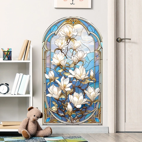 Retro Wandtattoo Mit Buntglaseffekt Und Magnolienblüten Im Bogendesign Selbstklebendes PVC Dekor Für Schlafzimmer