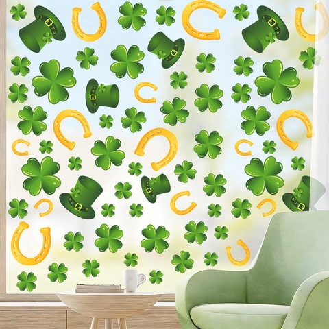 St. Patricks Day Grüne Kleeblatt Fensteraufkleber PVC Statische Kobold Hut Hufeisen Glas Aufkleber Für Festival Home Dekor