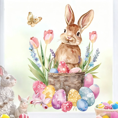 Osterhasen Eier Fensteraufkleber Aquarell Tulpe Schmetterling Statisch Haftende Glasbilder Für Festliche Deko JDT-A441