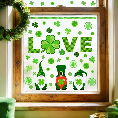 Adesivi per Finestre San Patrizio Gnomi Verdi Trifogli Adesione Statica Vetro Motivo Love PVC Decorazioni Casa