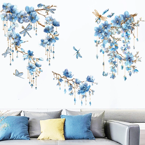 Blaue Blumen Zweige Libelle Wandaufkleber PVC Selbstklebend Wasserdicht Aquarell Floral Wandtattoos Für Schlafzimmer Wohnzimmer Haus Dekor
