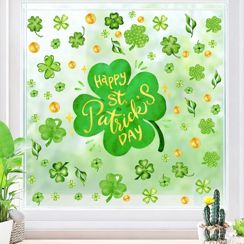 St. Patricks Day Vensterstickers PVC Statische Klaver Gouden Munten Groen Feestelijke Glasstickers Voor Thuis Vakantie Decoratie