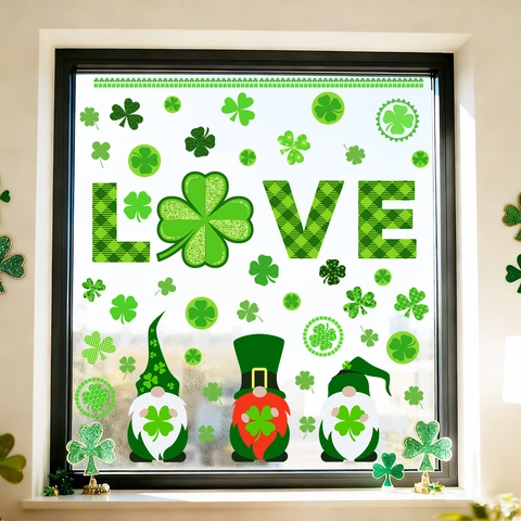 Adesivi per Finestre San Patrizio Gnomi Verdi Trifogli Adesione Statica Vetro Motivo Love PVC Decorazioni Casa