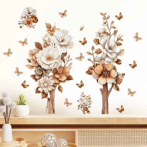 3D Floral Butterfly Wall Stickers Vintage PVC Self Adhesive Wall Decals For Living Room Bedroom Background Home Decoration