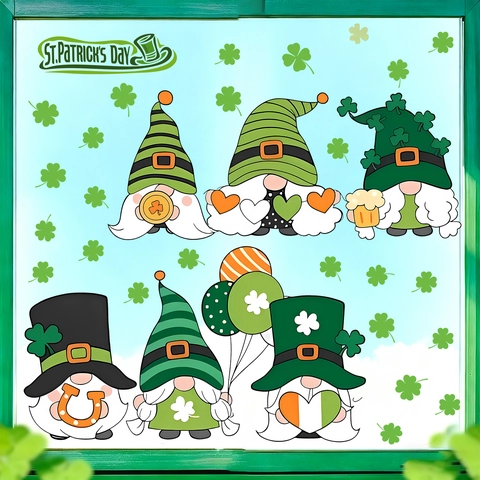 St. Patrick's Day Gnome Window Clings Green Shamrock Static PVC Decals For Glass Window Decoration Holiday Party Home Decor