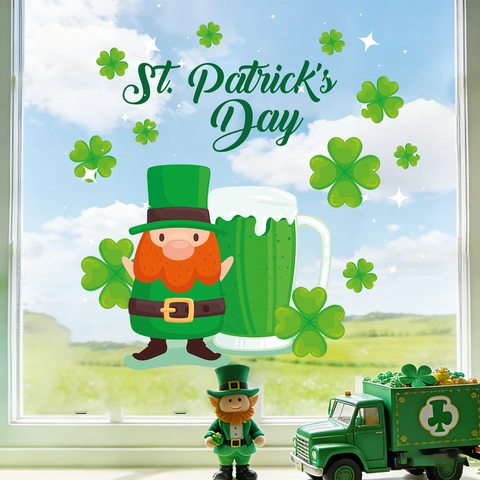 St. Patricks Day Grüne Kleeblatt Fensteraufkleber PVC Statische Kobold Hut Hufeisen Glas Aufkleber Für Festival Home Dekor